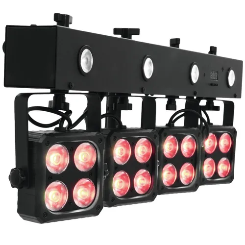 Eurolite LED KLS-180 Kompakt-Lichtset - DMX-LED-Lichtanlage mit 4 RGBW-Spots und Strobe-Effekten, ideal für Bands und Bühnen, bietet beeindruckende Farbvielfalt und kreative Lichtsteuerung.