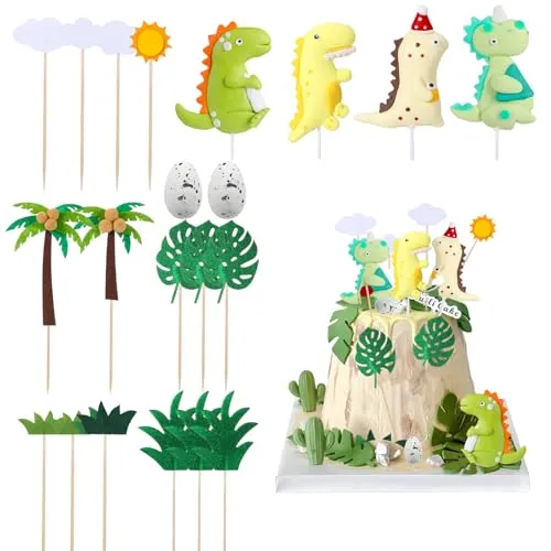 Kapokr 25 Stück Dino Geburtstag Deko - 3D Dinosaurier Kuchen Deko - Dschungel Tortendeko für Jungen Babyparty und Dinosaurier-Thema Party