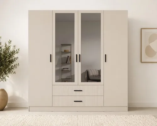 OTTO home Kleiderschrank TERRIK, modern mit viel Stauraum & geriffelter Struktur, Spiegel (B/H/T ca. 200/200/60) Schrank mit 11 Fächern, Kleiderstange, 2 Schubladen, Made in EU