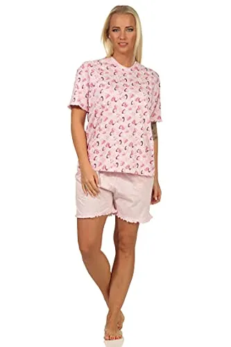 NORMANN-Wäschefabrik Damen Shorty Pyjama Kurzarm mit Herzen als Motiv in Melange-Optik - auch in Übergrössen, Farbe:rosa, Größe:44-46