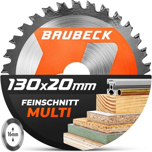 BAUBECK Sägeblatt 130x16 +20mm Adapter, 36Z, 1.5mm Feinschnitt in Holz & Alu kompatibel mit Akku Handkreissägen und Tauchsägen Kreissägeblatt 130x16, Sägeblatt 130x20