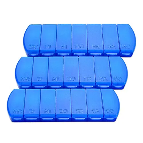 Schramm® 3 Stück Tablettenbox blau 11x4x1,5cm Pillen Tabletten Box 7 Tage Schachtel 3er Pack Tablettendose Pillendose Pillenbox Tablettenboxen Pillendosen Pillen Dose