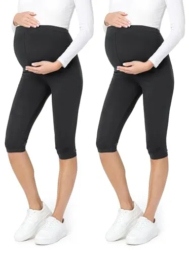 Be Mammy 3/4 Umstandsleggings Kurz - Bequeme Schwangerschaftsleggings im 2er Pack - Leggings für Schwangere, aus atmungsaktiver Baumwolle, mit hohem Bund und elastischem Gummi für optimalen Tragekomfort und Anpassung an den Babybauch.