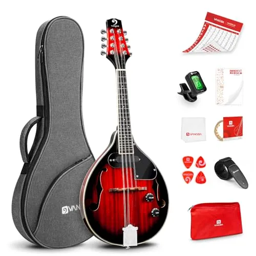 Vangoa A-Stil Mandoline Musikinstrument Mahagoni Akustisches Elektrisches Mandoline mit 8 Saiten für Anfänger, Rot Sunburst