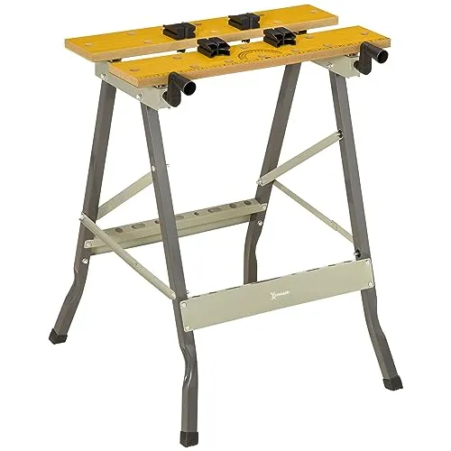 DURHAND Klappbare Werkbank Spannwerkbank mit 4 Schraubzwingen Arbeitstisch Sägebock, Tragfähigkeit 100 kg, Stahlgestell, Arbeitsplatte für Baustelle Werkstatt Garage, 62,5x60,5x78,5cm, grau