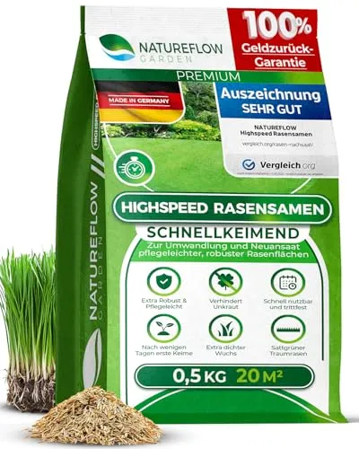 Rasensamen schnellkeimend Herbst 0,5kg 20qm - TEST SEHR GUT - Schnell wachsende Rasen Nachsaat Made in Germany - Premium Grassamen schnellkeimend - Rasensaat für sattgrünen Traumrasen