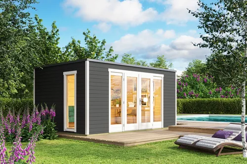 Gartenhaus Blockhaus Pultdach 28 mm Palermo 2 grau - 450x300 cm - Gartenhaus aus hochwertigem Holz mit 28 mm Wandstärke, abschließbar und ideal für die sichere Aufbewahrung von Gartenutensilien. Viel Platz mit 13.08 m² Nutzfläche!