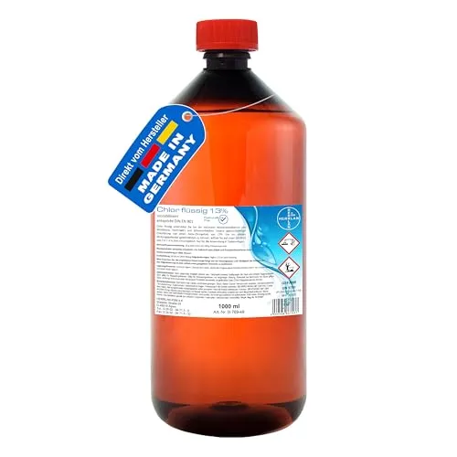 HERRLAN® Chlor flüssig 1 Liter, 1,3 Kg Netto UNSTABILISIERT mit 13% Aktivchlorgehalt – FREI VON CYANURSÄURE – Hochwirksame Wasserdesinfektion für Pools, Whirlpools und SwimSpa´s - Made in Germany