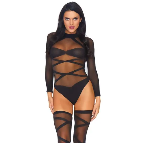 Edel Langarm Body & Strümpfe Stripes schwarz - Eleganter Damen Body in Onesize mit langem Arm und transparenten Streifen, perfekt für Freizeitlooks und besondere Anlässe.