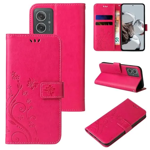 LBH Handy Hülle für Motorola Moto G55 5G Case Handytasche Schmetterling Blumen Flower Standfunktion Schutzhülle Magnet Rundum Schutz 360 Grad Flipcase Cover Pink