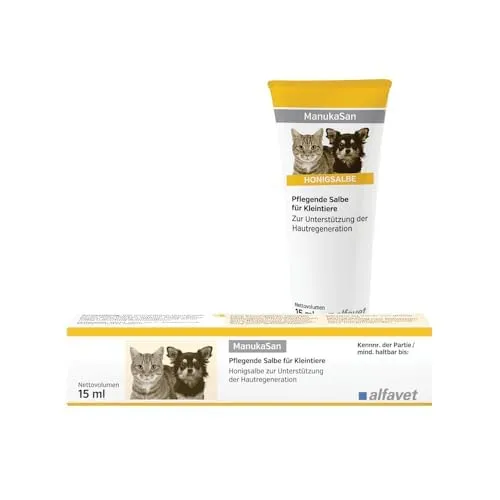 Alfavet ManukaSan - Natürliche Honigsalbe für Hunde, Katzen und Kleintiere, 15ml - Gesundheitsprodukt für Kleintiere: Bioaktive Salbe mit Manuka-Honig und Lavendelöl zur schnellen Hautregeneration und Wundabdeckung, ideal bei Verletzungen und zur Linderung von Juckreiz.