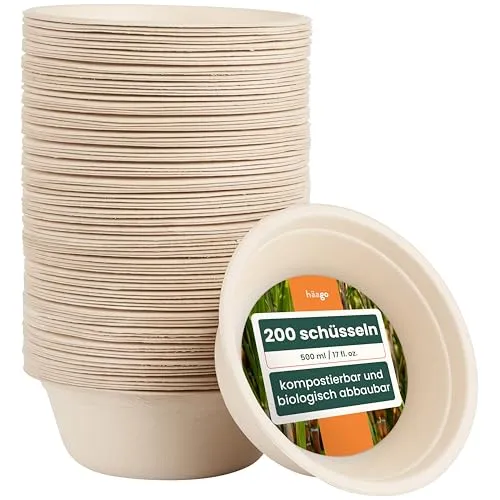 HAAGO 100 Umweltfreundliche Zuckerrohrschalen Biologisch abbaubar & Kompostierbar - wie Pappschalen, Einwegschalen für heiße und kalte Speisen - 500ml