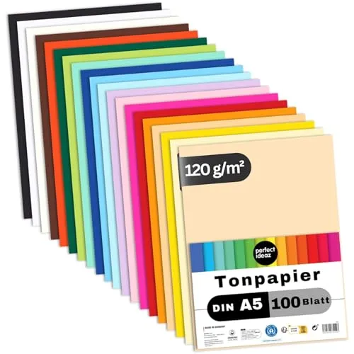 perfect ideaz - 100 Blatt Tonpapier DIN-A5, 20 Farben, 120 g/m², made in Germany, Blauer Engel zertifiziert