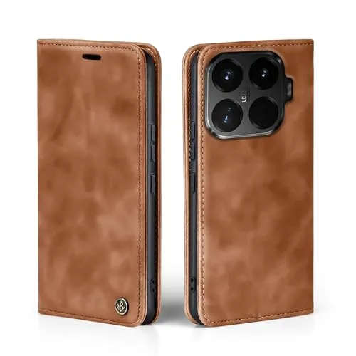 LBH Handyhülle für Xiaomi 15T Pro in Hellbraun mit Karten- und Geldfach Smartphone Hülle mit Standfunktion Flip Case Schutzhülle Magnetverschluss Vintage