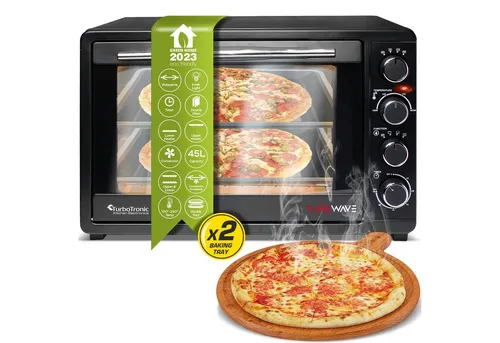 TurboTronic Minibackofen 45L mit Zubehör - Kompakter 2000W Elektroofen für Pizzen & mehr, ideal für kleine Küchen, Camping und Singles, inklusive Drehspieß und Backblech.