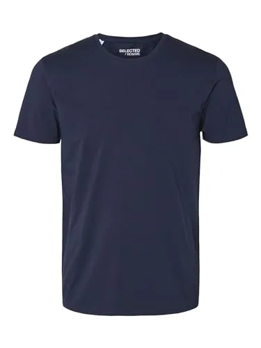 Herren Selected Basic T-Shirt | Einfarbiges Rundhals Kurzarm Shirt SLHNEWPIMA | Jersey Stretch Baumwolle, Farben:Navy, Größe:M