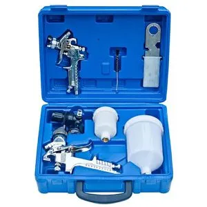 vidaXL 2-tlg. HVLP-Lackierpistolen-Set - Druckluftwerkzeuge mit ergonomischem Design für gleichmäßige Lackierungen auf Autos und Holz. Inklusive zwei Fließbechern für kleine und große Flächen, ideal für präzise Arbeiten.