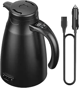 12V/24V Reise Wasserkocher Auto, 1,2 Liter Edelstahl Elektrischer Mobiler Reisewasserkocher mit Zigarettenanzünder Bis zu 100℃ mit LCD-Anzeige, für Heißwasser Kaffee Tee, Auto LKW KFZ Camping