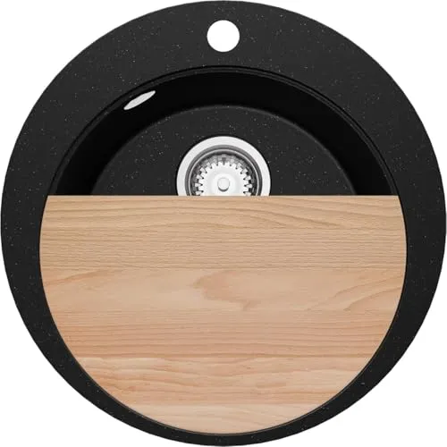 PRIMAGRAN Spülbecken Rund Schwarz Metallic 50x50cm - Pisa S022 - Küchenspüle mit 1 Becken, kratzfest und ideal für kleine Küchen. Inklusive Schneidebrett und Ablauf-Set für optimale Nutzung.