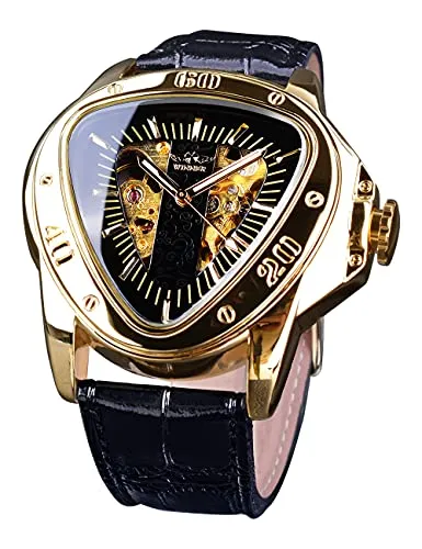 Produktbild Winner Fashion Mechanische Armbanduhr für Herren, dreieckiges Rennsportzifferblatt, wasserdicht, goldenes Skelettzifferblatt, automatisches Uhrwerk, Lederdesign, Schwarz / goldfarben