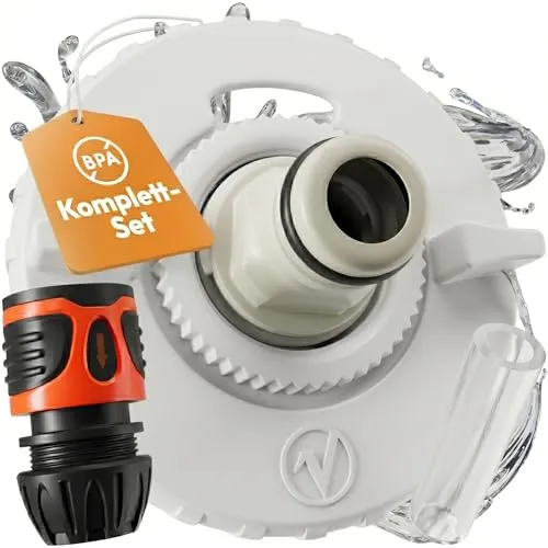 valuents® Wassertankdeckel 3 Pins 78mm Durchmesser – weiß – für Wohnmobil mit Schlauch für Wassereinfüllstutzen +Plus: Adapter für Wasserschlauch
