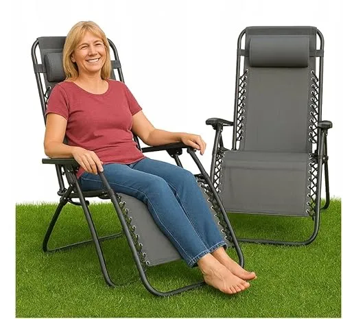 BDW Zero-Gravity Gartenliege, Chillen, Liegestuhl Klappbar mit Stufenlos verstellbare Positionen & Kopfstütze, Klappbarer Strandstuhl, 175 cm Länge, 65 cm Breite, Textilene (2 Stück grau)
