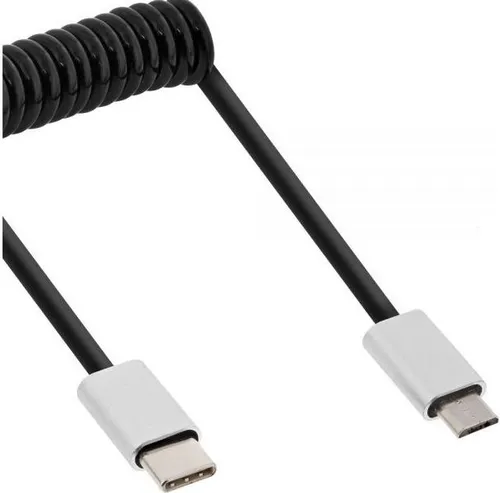 InLine® USB 2.0 Spiralkabel, USB-C ST an A ST, schwarz/Alu, flexibel, 0,5m
