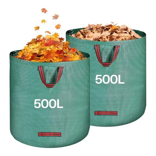 QOEOTUY Gartensack 2X 500L - Laubsack Gartenabfallsack mit 4 Griffe - Wasserdicht & Faltbar & Wiederverwendbare - Grünschnittsäcke Selbststehend für Gartenabfälle Rasenschnitt Unkraut