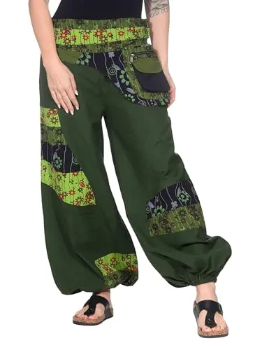 Kunst und Magie Bunte Hippiehose aus Baumwolle Ibiza Strandhose Wellnesshose, Größe:L/XL, Farbe:Grün