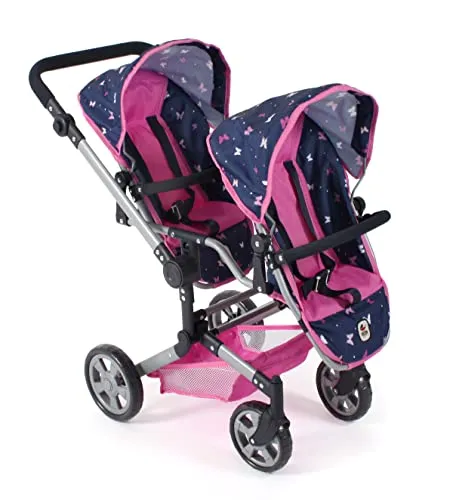 Bayer Chic 2000® Puppenwagen Linus Duo – Butterfly Navy Pink - Faltbarer Zwillingspuppenwagen mit verstellbarem Griff (50-82 cm) und umsteckbaren Sitzen für kreative Spielmöglichkeiten – ideal für Puppenmamas von 4-8 Jahren.