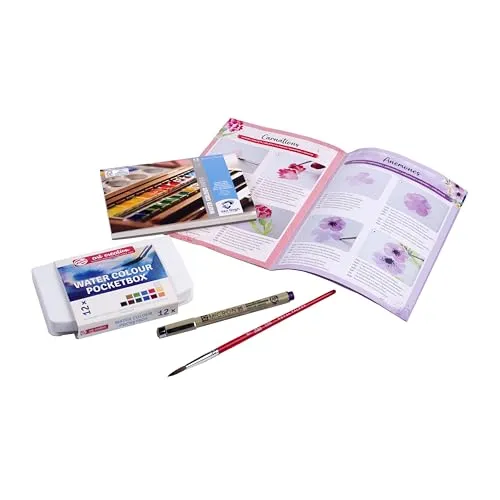 Talens Royal Floral Watercolour set für starters, Aquarellfarben set, Wasserfarbkasten 12 farben, van Gogh aquarellpapier, Sakura Pigma Micron Fineliner, Aquarellpinsel, watercolor brush