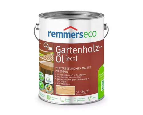Remmers Gartenholz-Öl [eco], farblos, 5 Liter - Holzöle – Wetterbeständiges, mattes Öl für Terrassen & Gartenmöbel, bietet optimalen Wetterschutz und UV-Schutz, nachhaltig und ökologisch mit EU Ecolabel.