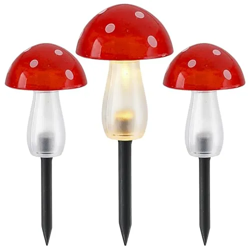 Cepewa Solar LED Gartenstecker Pilz 3er Set | Kunststoff rot 8x11cm | 5 LEDs warmweiß | Akku IP44 On/off Schalter | Solartleuchte in Fliegenpilzform mit Erdspieß