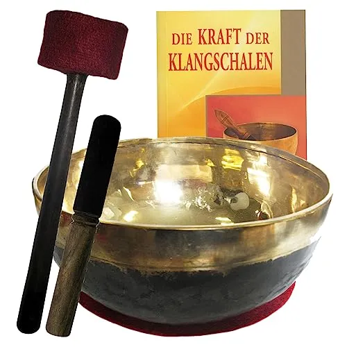 Klangschale Bengali gold-schwarz 5-teiliges Klangmassage-SET mit BUCH. Therapie-Qualität: KLEINE HERZSCHALE ca. 600-700g ca. 14-15 cm mit Kissen, Holz-Leder-Reibe- & Therapie-Klöppel. 70141