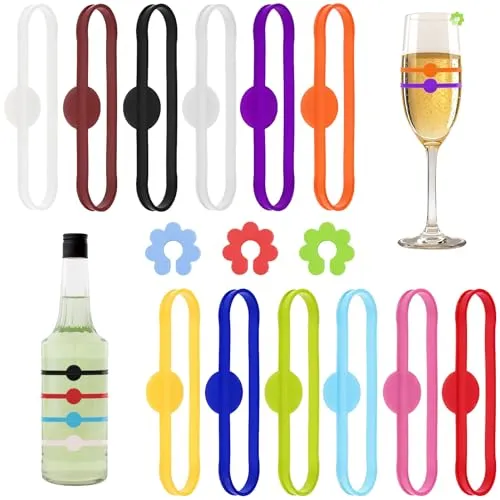 REBECCAHOWARD 12 Stück Weinglas Markierungsringe mit 6 Stück Pflaumenblütenmarken,Mischfarben Glas Markierung Trinkgläser,Silikon Cup Marker Trinken,Weinglasmarkierer,für Bar