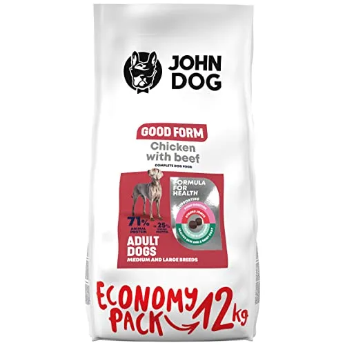 JOHN DOG Trockenfutter für Hunde - Good Form Huhn mit Rind - Getreidefrei 12kg - Hundefutter für Erwachsene, getreidefrei und mit 30% Fleisch für gesunde Haut und glänzendes Fell. Enthält Glucosamin und Chondroitin für Gelenkschutz.