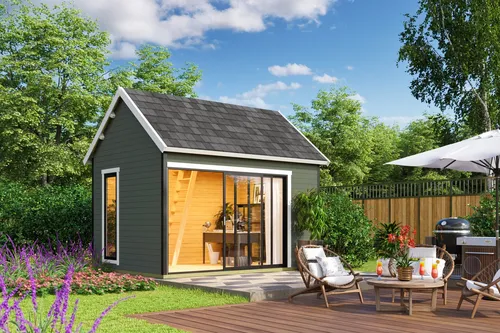 Gartenhaus Blockhaus Murano 2 mit Satteldach 44 mm - Gartenhaus in grün, 44 mm Wandstärke, abschließbar und mit Isolierverglasung, ideal für Gartenlagerung und Freizeitnutzung, inklusive Boden und 5 Jahre Garantie.