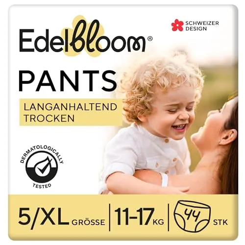 Edelbloom Premium 44 Windelhöschen Größe 5 (11–17 kg), Ultra-Saugfähig & Atmungsaktiv, Hypoallergen, Extra Weich & Sanft für Babys, Dermatologisch Getestet, Sicherer Auslaufschutz, Für Tag & Nacht