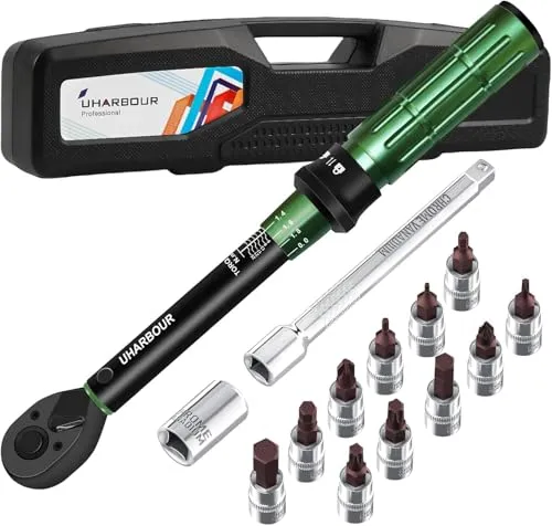 Uharbour Drehmomentschlüssel für Fahrräder, 3-25 Nm - Drehmomentschlüssel-Set mit ±3% Fehlergenauigkeit, ideal für präzise Fahrradreparaturen. Enthält 15 Teile, robuste Materialien und eine Vielzahl von Bits für vielfältige Anwendungen.