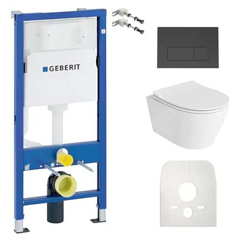 Lavita Duofix Basic Vorwandelement + Wand Tiefspül WC Praia Weiß Spülrandlos + WC Sitz + Bedienplatte Delta 25 Schwarzer Knopf Komplettset Unterputz Spülkasten Toilette Komplett Sett WC