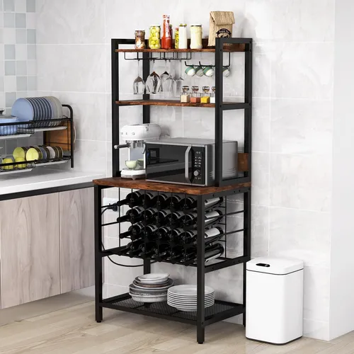 Weinregal Flaschenregal mit Glashaltern – Praktisches Küchenregal - Freistehendes Weinregal mit Platz für 24 Flaschen und Glashaltern. Das elegante Design aus Metall und Ingenieurholz bringt Ordnung in Ihre Küche.