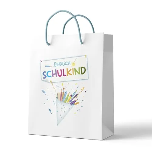 itenga Geschenktüte Geschenktragetasche 18 x 22,5 x 8 cm - Einschulung Geschenkverpackung Papiertragetasche Endlich Schulkind Schulanfang (Endlich Schulkind weiß blau)
