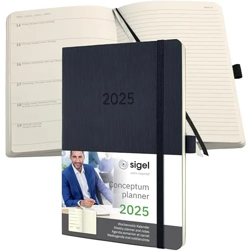 SIGEL C2524 Terminplaner Wochennotiz-Kalender 2025, ca. A5, schwarz, Softcover, 192 Seiten, Gummiband, Stiftschlaufe, Archivtasche, aus nachhaltigem Papier, Conceptum