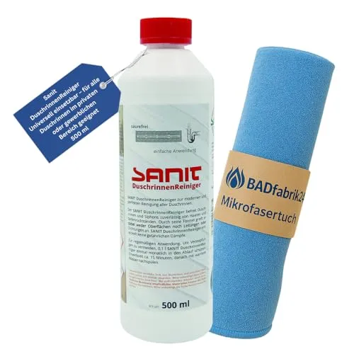 BADfabrik24 Sanit DuschrinnenReiniger 500 ml – Art.-Nr. 3067 – entfernt Haare & Seifenreste – für alle Duschrinnen – schonend & effektiv – inkl. Mikrofasertuch 40×40 cm