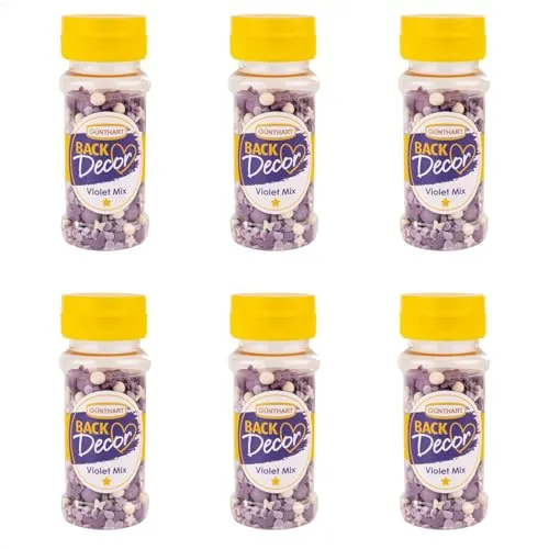 Günthart BackDecor 1 x VKE mit 6 Stück a 60 gr Streudekor Violet Mix Dose in den Farben Lila, Weiß und Silber als essbare Deko-Streuartikel, 1er Set 6 Stück (360 gr)