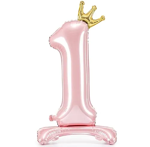 Folienballon 1. Geburtstag XXL Ballon 1 Hellrosa mit Standfuß selbststehend Ballon 1 Geburtstag Mädchen Kindergeburtstag Luftballon Zahl 1 Rosa mit goldener Krone, 84cm
