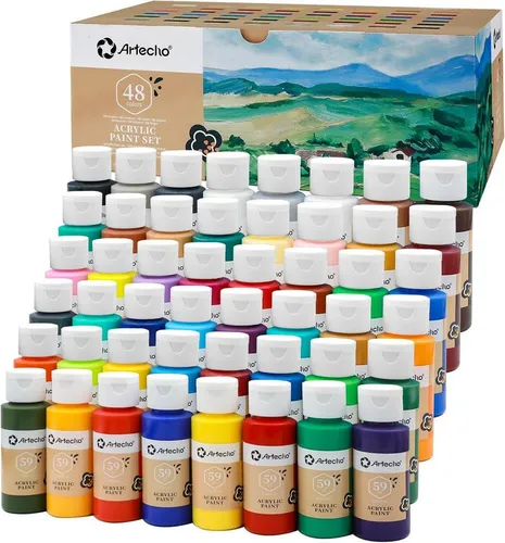 Artecho Acrylfarbe Set - 18 / 24 /48 wasserfeste Farben, je 59 ml mit Klappverschluss, für Papier, Ton, Holz, Stein – zum Reisen, Malen & Freude verschenken