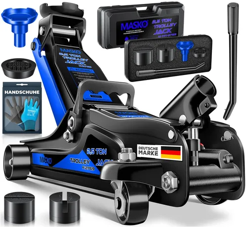 MASKO® Wagenheber hydraulisch 2,5T - Flache Hubhöhe für tiefergelegte Fahrzeuge - Rangierwagenheber mit flacher Bauweise (85-360mm), ideal für Reifenwechsel und Bremsenarbeiten. Inkl. Koffer, 3 Gummiauflagen und Handschuhe für maximale Sicherheit und Komfort.