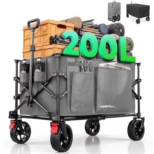 HOMECALL Bollerwagen Handwagen 200L XXL mit Kühltasche - HOMECALL Bollerwagen 200L – Robuster Handwagen für Einkaufen, Camping und Garten. Mit verstärktem Stahlrahmen, höhenverstellbarem Griff und cleverem Stauraum. Ideal für bis zu 200 kg Last! Praktisch faltbar und inklusive Regenschutz.