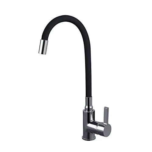 ZXC Niederdruck Küchen Armatur mit flexiblen und schwenkbaren Auslauf in Schwarz, moderner Einhandmischer Wasserhahn komplett verchromt